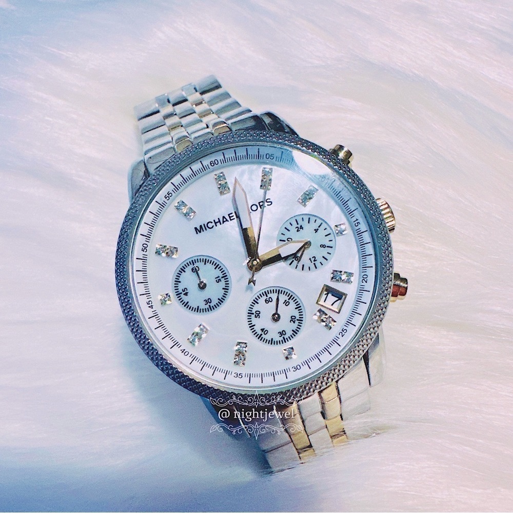 💎💎MICHAEL KORS pearl face crystal chronograph date gold silver oversized watch